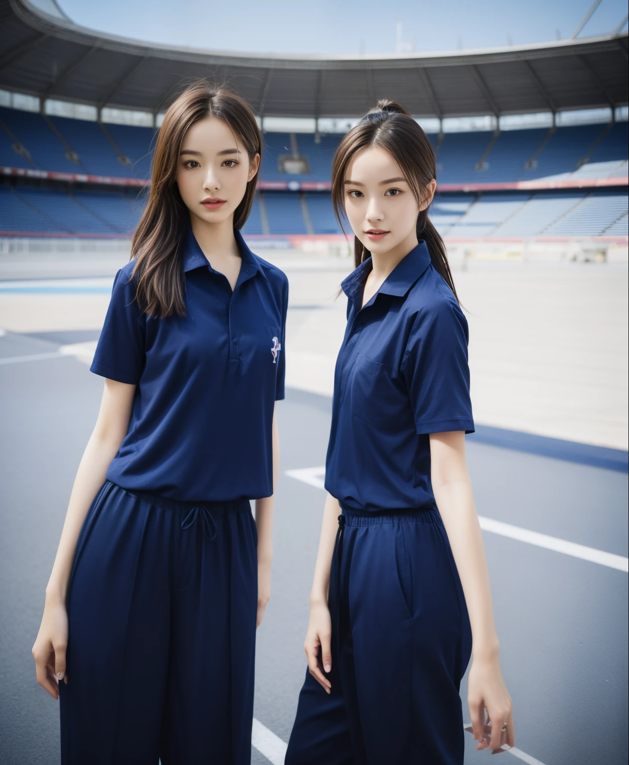 (bestquality,10,10,highres,masterpiece:1.2),ultra-detail,(Realistic,photorealistic portrait,photo-realistic:1.37),1 Cute girl in the football field,oily shiny skin,bara,light smile,BDclothelue shirt:1.3)),short sleeves,shirt, trousers.,(navy_long_Pants Track:1.1), ((Stadium Background:1.3)),dynamic angle,excited,face focus,Dynamic Poses,from behide,Ass Focus,masterpiece, bestquality, ultra realistic, hyper-detail, 8k resolution, RAW photo, crisp focus, ((Navy blue shirt:1.1)), short sleeves, Long Path, Perfect body, 2 mature women, 18yo, cinematic light,Blue sweatpants,Gymware,Correct anatomy,Complete body, Correct body, sharp face, Anatomically correct body, full entire body, Realistic gestures, long-haired, Realistic poses,Wear long shorts................................,Long leg span,Shapely,Sculpting Girl, Slender Figure, mannequin mannequins, Shapely, Beautiful body,Blue sweatpants, Two girls kissing