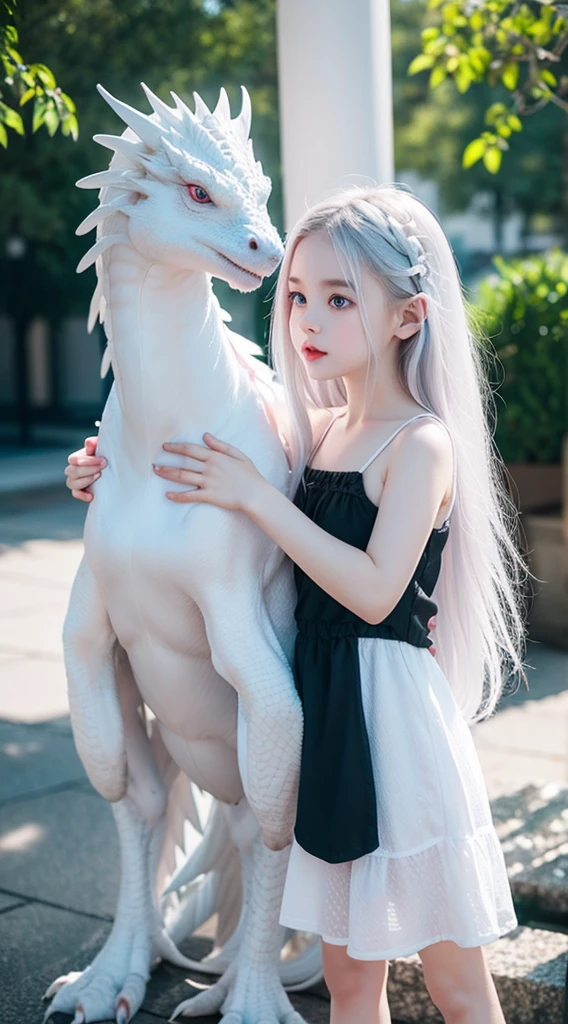 A cute little girl standing with a white dragon, wearing black dress, pale skin, smooth pale skin, skin tune pink, cute face, blue eyes, white hair, super detailed, 8k