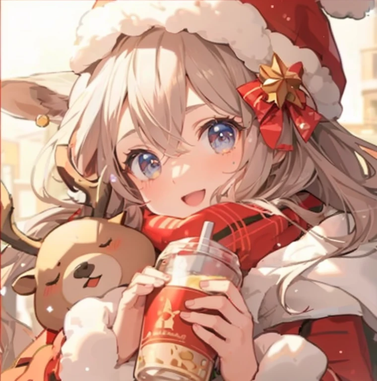 Anime girl wearing santa hat holding drink and reindeer, splash ink art anime loli, Guys, change, guweiz, Official artwork, From the maiden front, Anime visuals of a cute girl, Popular topics on cgstation, nightcore, cgstation trends, azur lane style, anime girls drink Energy drink, 《Azur route》role