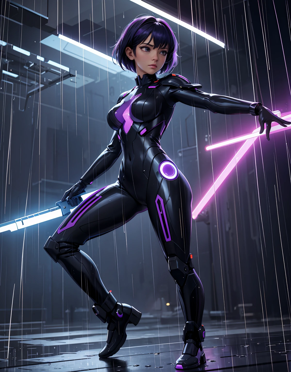 "Realistic masterpiece in (4k UHD high detail) ultra-high resolution. Scene of a futuristic spaceport in the rain, featuring a 25-year-old mecha_musume woman with short black hair, red and purple tips. She wears a futuristic white and purple jumpsuit with transparent panels, creating a dynamic atmosphere. The woman equipped with a futuristic weapon, and raindrops add a touch of realism to the scene. The character's close-up highlights the wet texture of the rain on her skin and costume, providing an immersive visual experience. | {The camera positioned very close to her, revealing her entire body as she adopts a dynamic_pose, interacting with the futuristic gun in a moment of action amidst the rain in the spaceport.} | ((perfect_pose):1), She adopting a ((hero_pose, interacting with the futuristic gun in a moment of action amidst the rain in the spaceport):1.3), ((full body)), ((hands_with_5_fingers):1), ((perfect_hands):1), ((perfect_fingers):1), ((perfect_legs):1), better_hands, More Detail”.