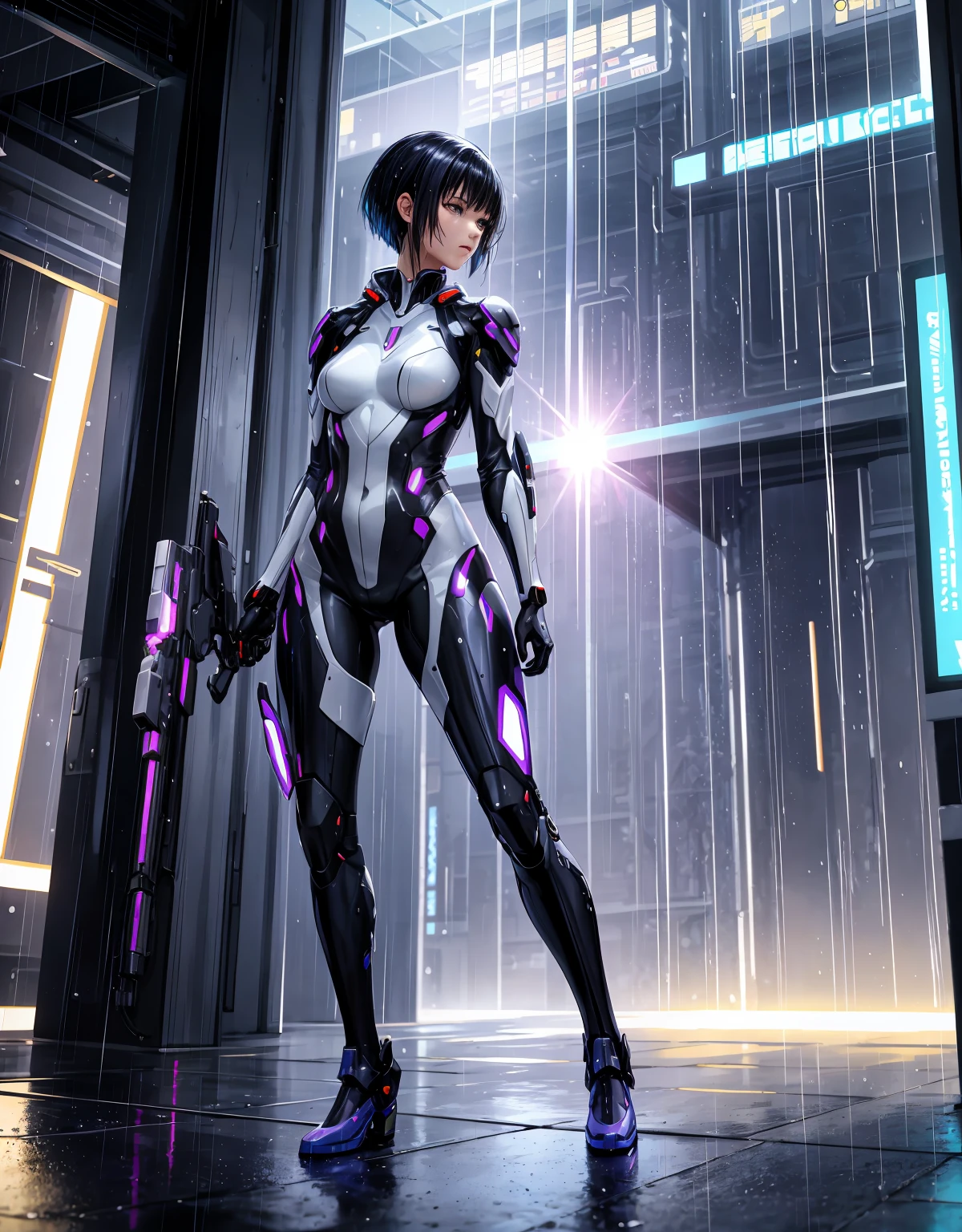 "Realistic masterpiece in (4k UHD high detail) ultra-high resolution. Scene of a futuristic spaceport in the rain, featuring a 25-year-old mecha_musume woman with short black hair, red and purple tips. She wears a futuristic white and purple jumpsuit with transparent panels, creating a dynamic atmosphere. The woman equipped with a futuristic weapon, and raindrops add a touch of realism to the scene. The character's close-up highlights the wet texture of the rain on her skin and costume, providing an immersive visual experience. | {The camera positioned very close to her, revealing her entire body as she adopts a dynamic_pose, interacting with the futuristic gun in a moment of action amidst the rain in the spaceport.} | ((perfect_pose):1), She adopting a ((hero_pose, interacting with the futuristic gun in a moment of action amidst the rain in the spaceport):1.3), ((full body)), ((hands_with_5_fingers):1), ((perfect_hands):1), ((perfect_fingers):1), ((perfect_legs):1), better_hands, More Detail”.