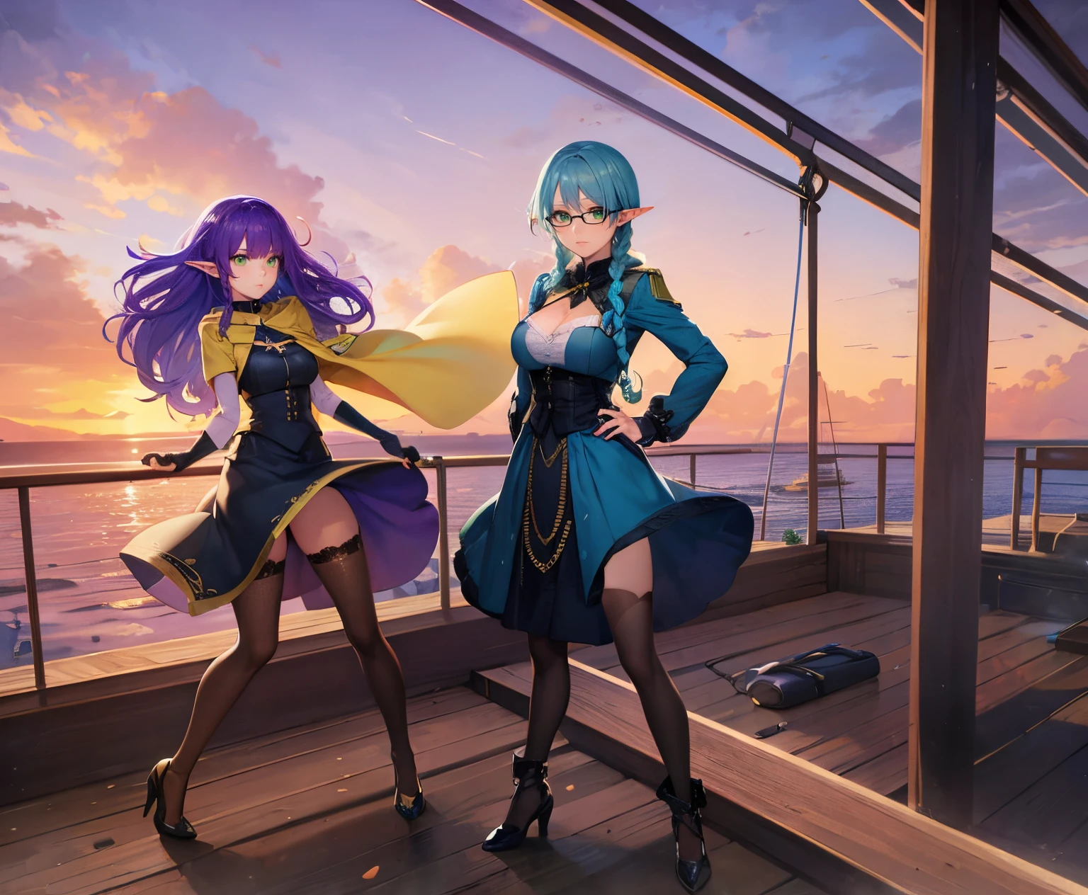 BREAK: Char1 ,masterpiece, high quality, blue sky, airship, on wooden deck of ship, in the sky, wind effects, 1_woman, (full body), tall, ((petite figure)), (exotic skin_complexion:1.4), medium_bust, beautiful, exotic, with long elf ears, ((nervous expression)), scared, knees bucketed, knees together, holding onto wooden pole, wearing long (yellow hooded cloak), yellow robes, black choker, black dress, (black thigh highs with purple embroidery), purple heels, long fingerless leather gloves, medium_bust, vibrant purple hair, long hair, wavy hair, realistic and detailed face having diamond shaped eyes, (((green eyes))), dark_eyeliner, long_eyelashes), perfect hands, clothes blowing in wind
BREAK: Char2, Masterpiece, best quality, wind effects, 1_woman, looking at Char1 with stoic expression, long teal hair, twin braids, diamond shaped eyes, glasses, large_bust, chest window, cleavage, dark blue victorian dress, halter top, double button breast, dark blue lolita skirt, silver trim, black tights, black heels, petite, small waist, perfect hands,