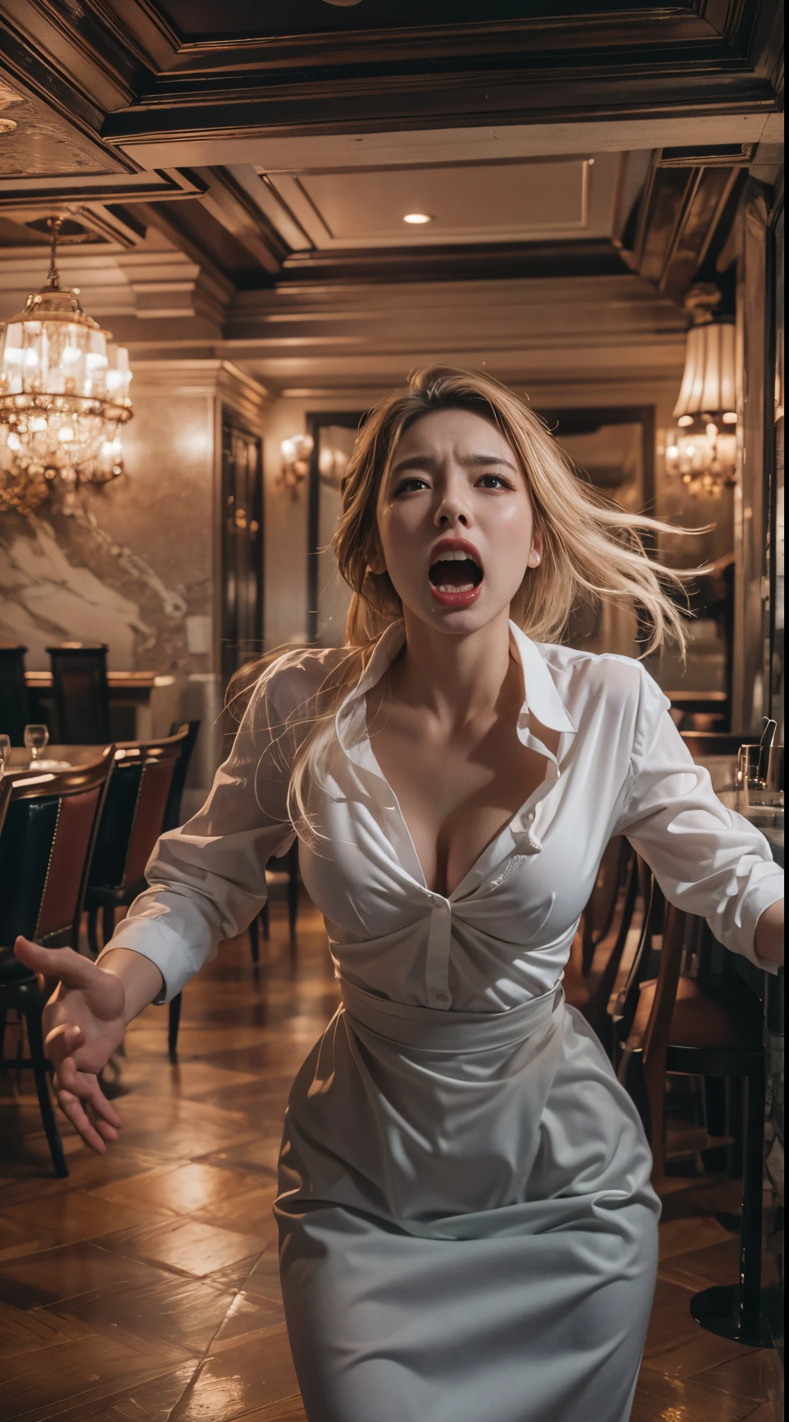 nsfw, 8k, best quality, highres, realistic, real person, A woman in a high-end restaurant, standing up and screaming in anger after being splashed with water. The woman is very expressive, showing intense anger and shock. The restaurant setting is elegant, with luxurious decor and tables set with fine dining ware. Other patrons and staff in the restaurant are looking on in surprise and concern. Big breasts, cleavage, beautiful legs, long legs, gorgeous magic wand