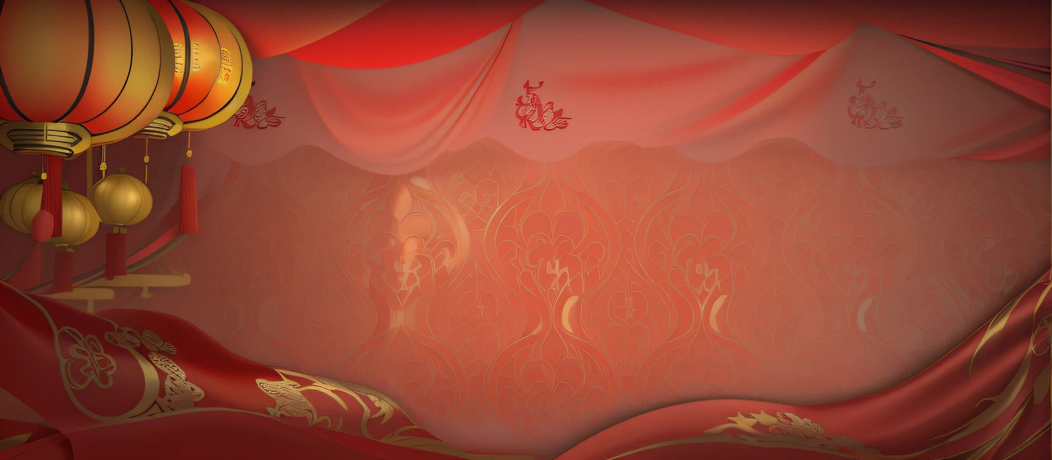 There  a Chinese New Year background picture, solid color backdrop, Background image, background artwork, game background,  fundo vermelho, solid color backdrop, dance hall background, wallpaper background, HDbackground, clean backdrop, vivid background, scarlet background, arte de fundo, a temple background, poster background,  Background with, wallpaper - 1 0 2 4, Red background 2024 Year of the Dragon background picture，Dragon element，lantern firecrackers fireworks factory，Lantern with exquisite details，satin details，The two four lanterns in the upper left corner gradually blur，The satin underneath  rich in detail.，The satin above  flowing，Background without white border