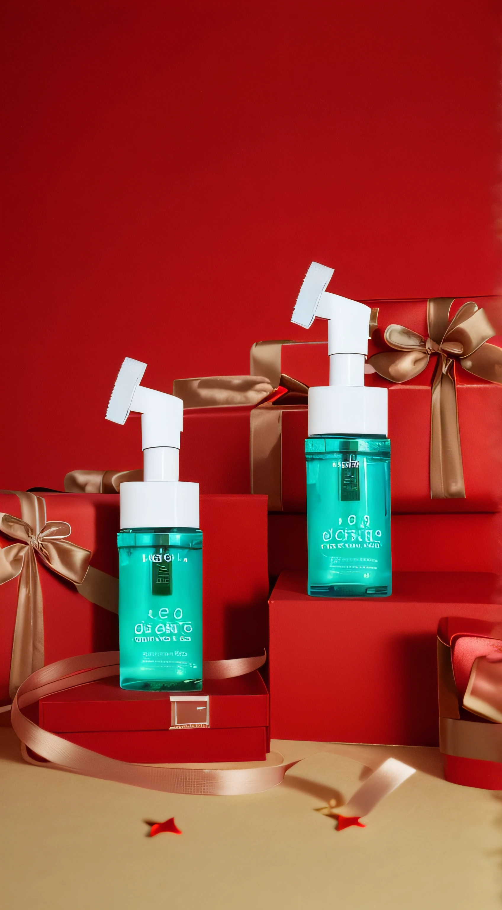 Two bottles of lotion are placed on the red box, vacation, dispel, glistning skin, product photograph, dramatic product shot, Shooting for a skin care brand, vacation, cleanest image, exclusive, festive, Product close-up photos, 🤬 🤮 💕 🎀, product introduction photos, professional product shot, promotional, fotografia do produto,