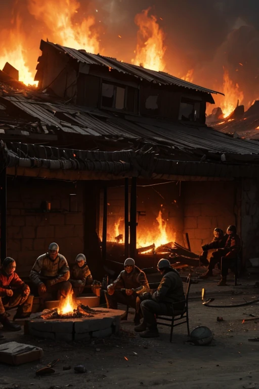 In a doomsday environment,of a guy,There are a group of families in the back a fire and cooking.,All characters have health bars and energy values on their heads.,