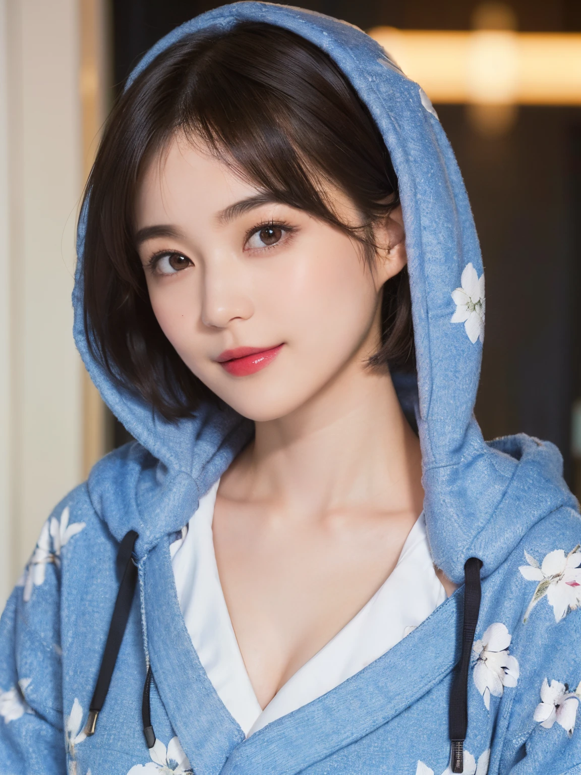 132
(a 20 yo woman,Wearing sportswear), (A hyper-realistic), (high-level image quality), ((beautiful hairstyle 46)), ((short-hair:1.46)), (Gentle smile), (breasted:1.46), (lipsticks), (Large room), (florals), (wearing hoodies)