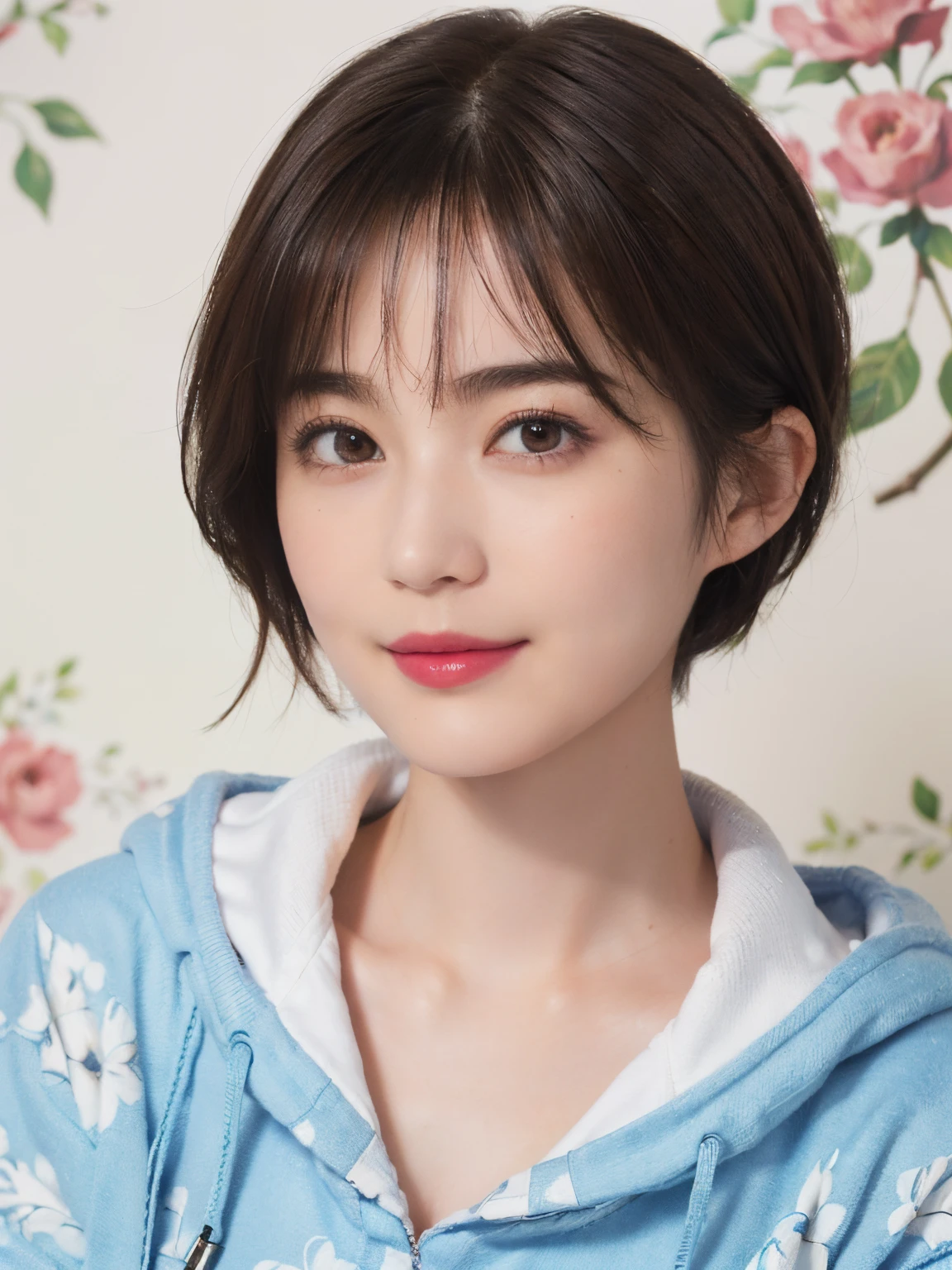 132
(a 20 yo woman,Wearing sportswear), (A hyper-realistic), (high-level image quality), ((beautiful hairstyle 46)), ((short-hair:1.46)), (Gentle smile), (breasted:1.46), (lipsticks), (Large room), (florals), (wearing hoodies)