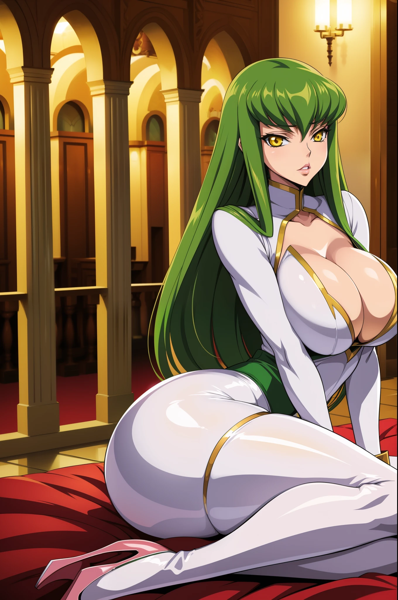 Code Geass, C.C, 1girl, (((bimbo))), Long green hair, yellow eyes, puffy lips, painted lips, thick lips, wide hips, thick thighs, big breasts, huge ass, revealing cleavage, erotic, erotic face, bubble butt, camel toe, Breasts, white suit, legs, posing, high heels, revealing cleavage,