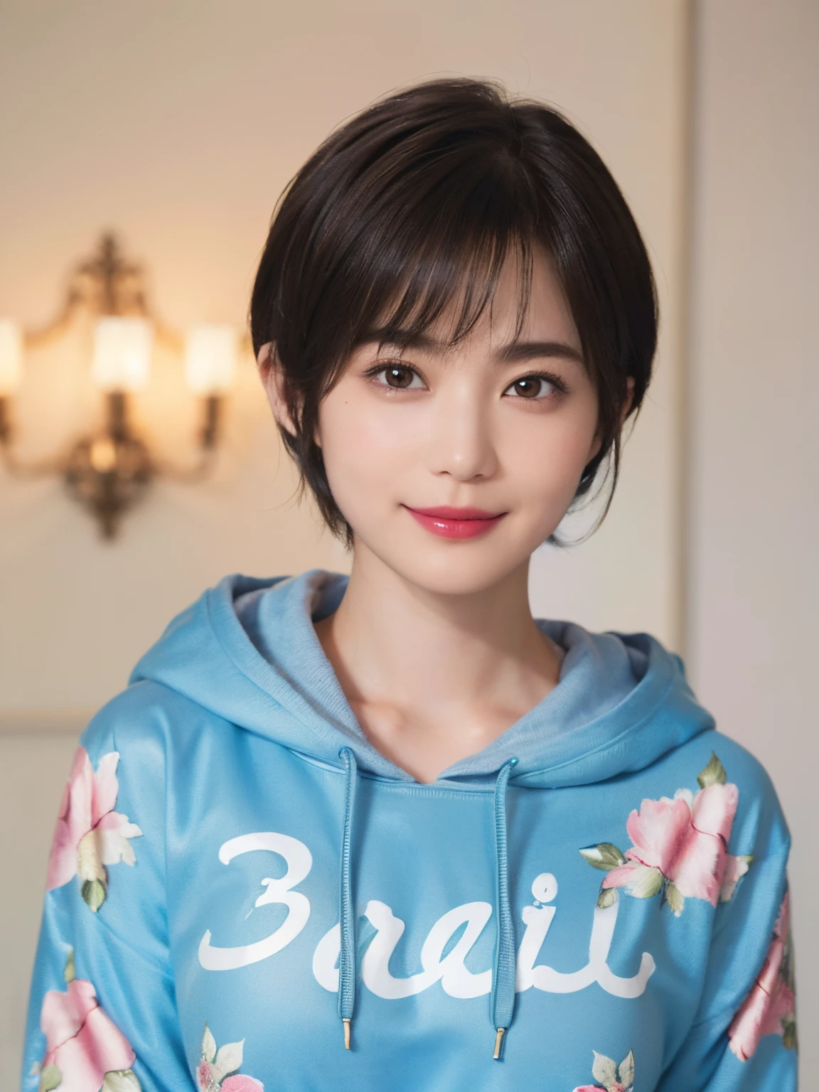 132
(a 20 yo woman,Wearing sportswear), (A hyper-realistic), (high-level image quality), ((beautiful hairstyle 46)), ((short-hair:1.46)), (Gentle smile), (breasted:1.46), (lipsticks), (Large room), (florals), (wearing hoodies)