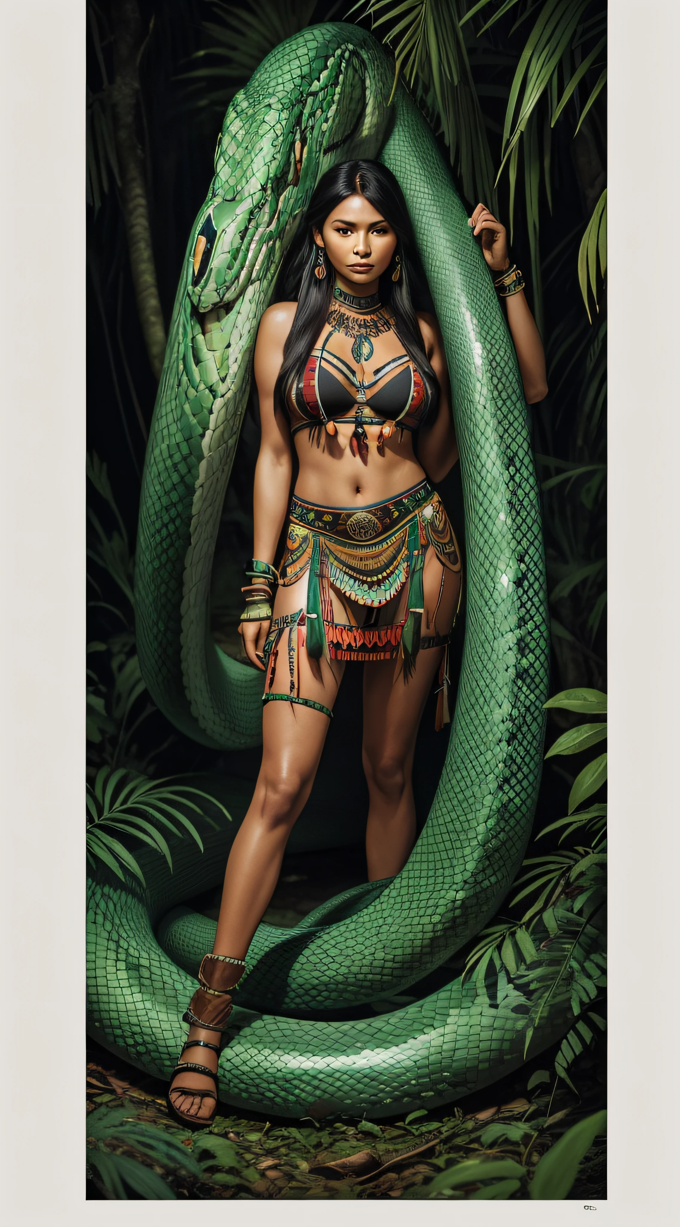 full body image of a beautiful indigenous woman holding a small knife while hiding behind a large tree from a giant snake. Amazon rainforest at night