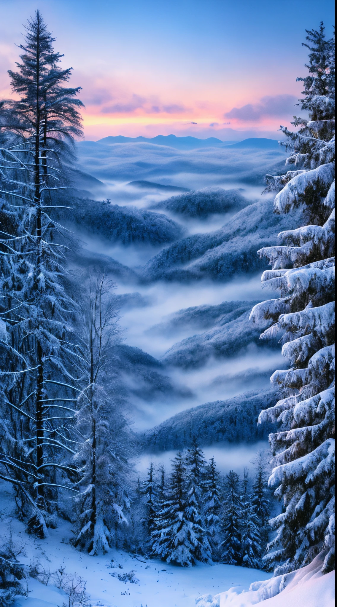 Breathtaking images of natural tranquility and winter peace。In this painting,The twilight sky intersects with the snow-covered forest,Create a refreshing scene,Real Photographics,16K resolution