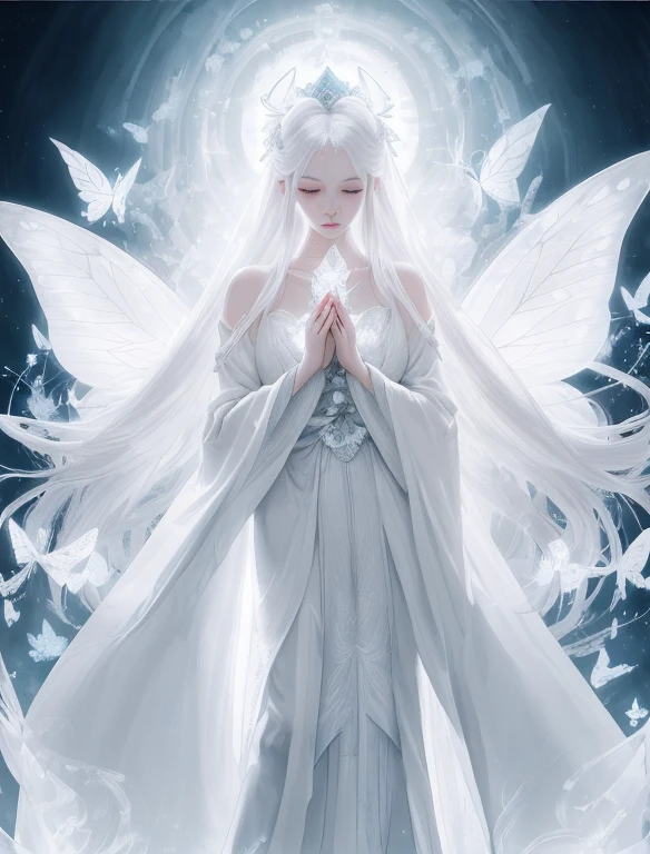 (Front view) (Full body )Ultra-detailed illustration of a stunning goddess, wearing a white robe, crystal decoration, White hair, White clothes that shine extremely pale, Very white skin,Woman with a very beautiful face、 Peach-colored makeup, art by:Musifer, Best Quality, The highest resolution, nffsw, xianxia, (Closed mouth)Holy Light Butterfly Angel Woman，Butterfly wings，chest shoot tink)，In the style of rococo pastel colors，Light white and light red，Incredibly beautiful，SakuraNS，Reflection of sparkling water，combine，flowing，hyper realisitc，painting of a，Aethersa Burda，stock photograph，Mixed reality and fantasy elements，Ray traching，Complex pattern，Delicate line art，Press Crystal，Exquisite hands