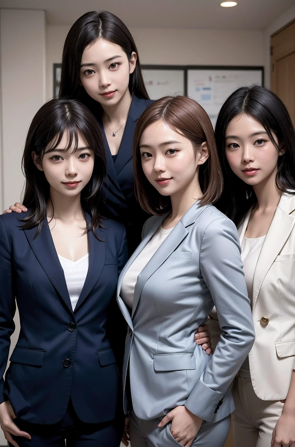 (Masterpiece), (8K, Photorealistic, RAW Photography, Best Quality: 1.4), Japan, Beautiful Face, (Realistic Face), (Medium Hair:1.3), Realistic Eyes, Beautiful Eyes, Attractive, Ultra High Definition, Ultra Realistic, High Definition, Beautiful Japan woman, grey suit, open jacket, office lady, suit, ((pants)), office, desk, (sticking out buttocks: 1.2), detailed face, long hair, group picture, multiple girls, 4girls, looking at viewer, ((smile))