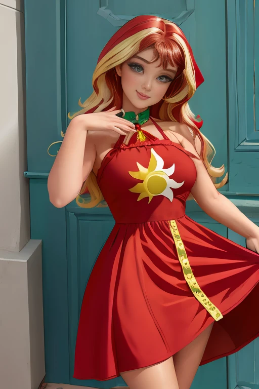 (Obra maestra, La mejor calidad:1.2), solamente, 1girl, mlpshimmer, They are smiling, Mirando al espectador, Brazos abiertos , abrazo , posing for camera , hermosa chica , 20 year , ojos verdes , fondo variado , maquillaje , labios rojos , wears red christmas dress , vestido de Santa Claus