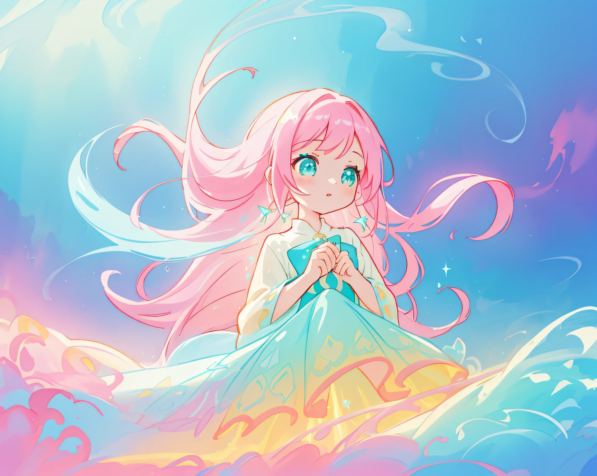 beautiful girl in flowing white dress, vibrant pastel colors, (colorful), magical lights, long flowing colorful pink hair, otherworldly aqua and blue landscape background, inspired by Glen Keane, inspired by Lois van Baarle, disney art style, by Lois van Baarle, glowing aura around her, by Glen Keane, jen bartel, glowing lights! digital painting, flowing glowing hair, glowing flowing hair, beautiful digital illustration, fantasia background, whimsical, magical, fantasy, beautiful face, ((masterpiece, best quality)), intricate details, highly detailed, sharp focus, 8k resolution, sparkling detailed eyes, liquid watercolor