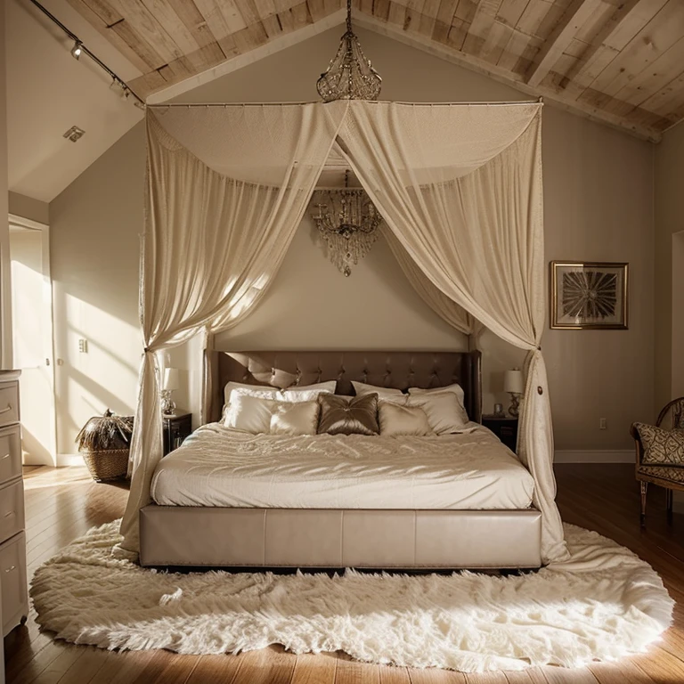 handcuffs king size canopy bed, beige leather dungeon bedroom, diamond pillow and fur bed, bed on the right, picture of an interior loft, spotlight bed room, featured, picture of a loft in morning, zillow interior, other bedrooms can be seen, feathers in a vase on the left side