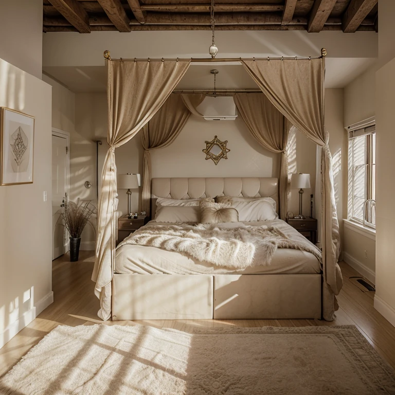 handcuffs king size canopy bed, beige leather dungeon bedroom, diamond pillow and fur bed, bed on the right, picture of an interior loft, spotlight bed room, featured, picture of a loft in morning, zillow interior, other bedrooms can be seen, feathers in a vase on the left side
