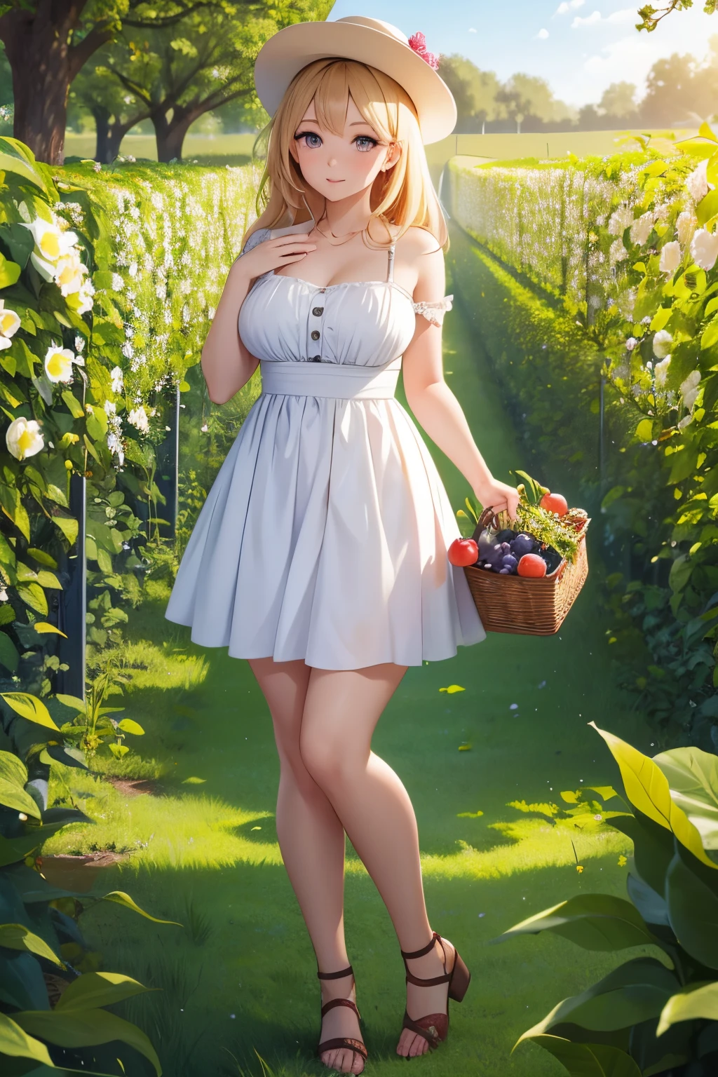 a country girl take hoe in fruit garden, sunny , beauty eyes, full body