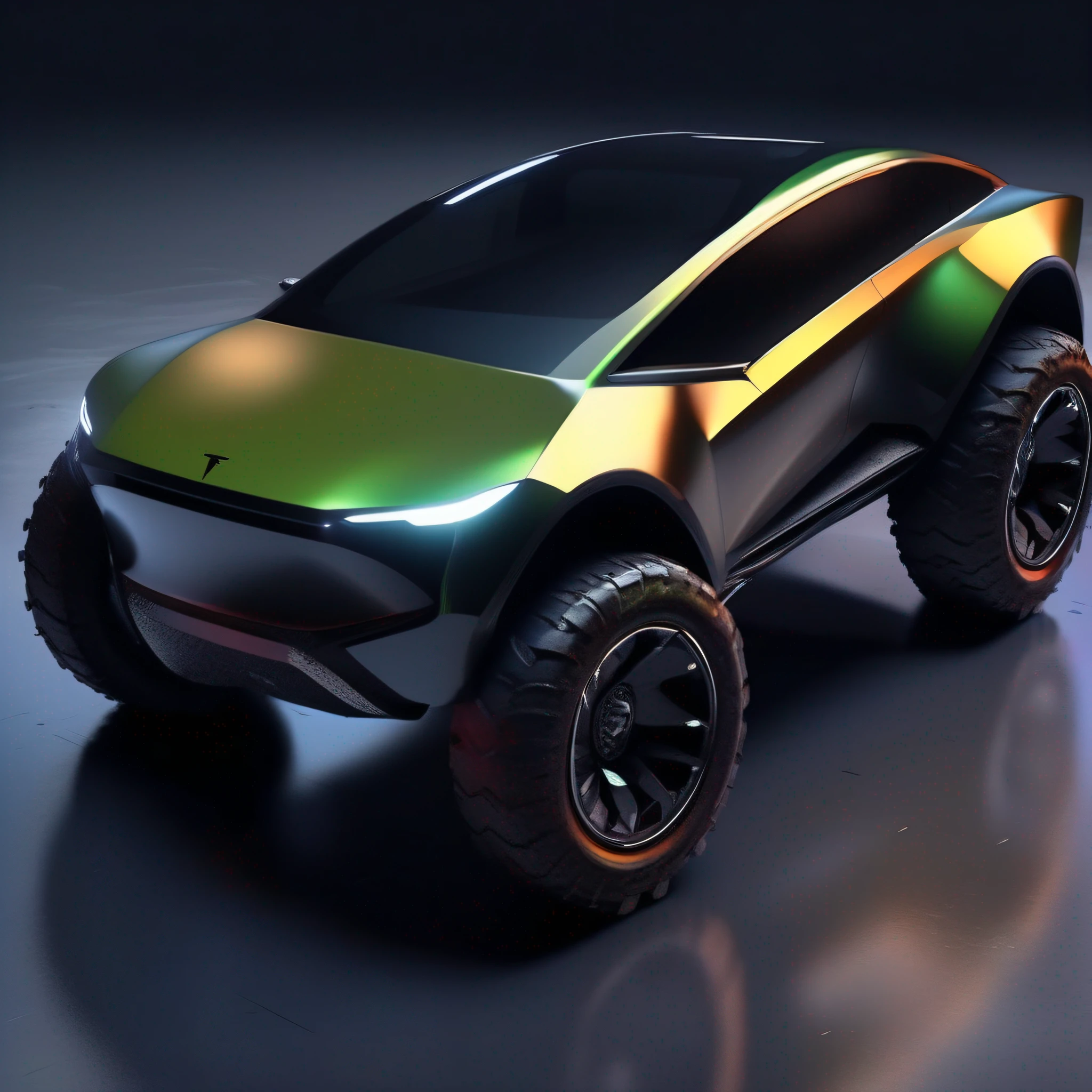 off-road vehicle, futurista, pintura reflexiva, semelhante a o tesla truck, long front hood, Vidros transparente, rodas grandes e brilhantes, ultrarrealista, 8k, noite, dentro de uma garagem com paredes de metal preta.
