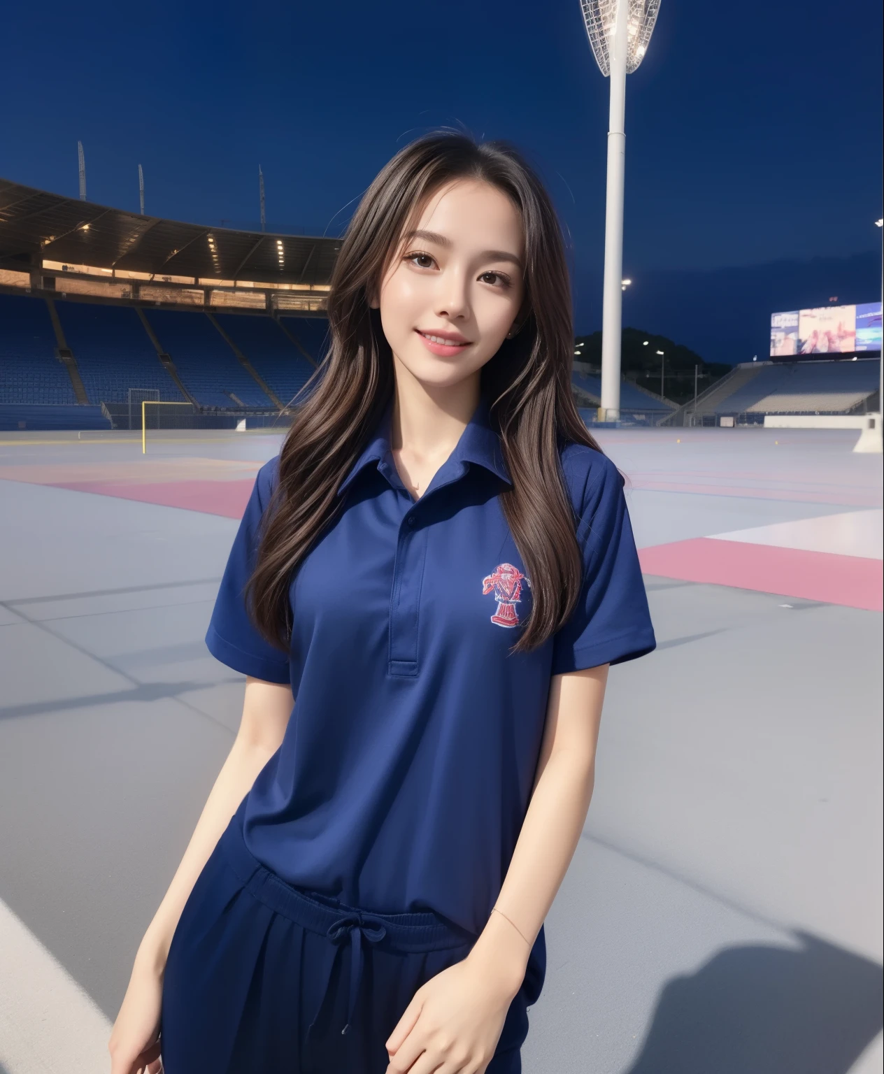 (bestquality,10,10,highres,masterpiece:1.2),ultra-detail,(Realistic,photorealistic portrait,photo-realistic:1.37),1 Cute girl in the football field,oily shiny skin,bara,light smile,BDclothelue shirt:1.3)),short sleeves,shirt, trousers.,(navy_long_Pants Track:1.1), ((Stadium Background:1.3)),dynamic angle,excited,face focus,Dynamic Poses,from behide,Ass Focus,masterpiece, bestquality, ultra realistic, hyper-detail, 8k resolution, RAW photo, crisp focus, ((Navy blue shirt:1.1)), short sleeves, Long Path, Perfect body, 2 mature women, 18yo, cinematic light,Blue sweatpants,Gymware,Correct anatomy,Complete body, Correct body, sharp face, Anatomically correct body, full entire body, Realistic gestures, long-haired, Realistic poses,Wear long shorts................................,Long leg span,Shapely,Sculpting Girl, Slender Figure, mannequin mannequins, Shapely, Beautiful body,Blue sweatpants, Two girls kissing