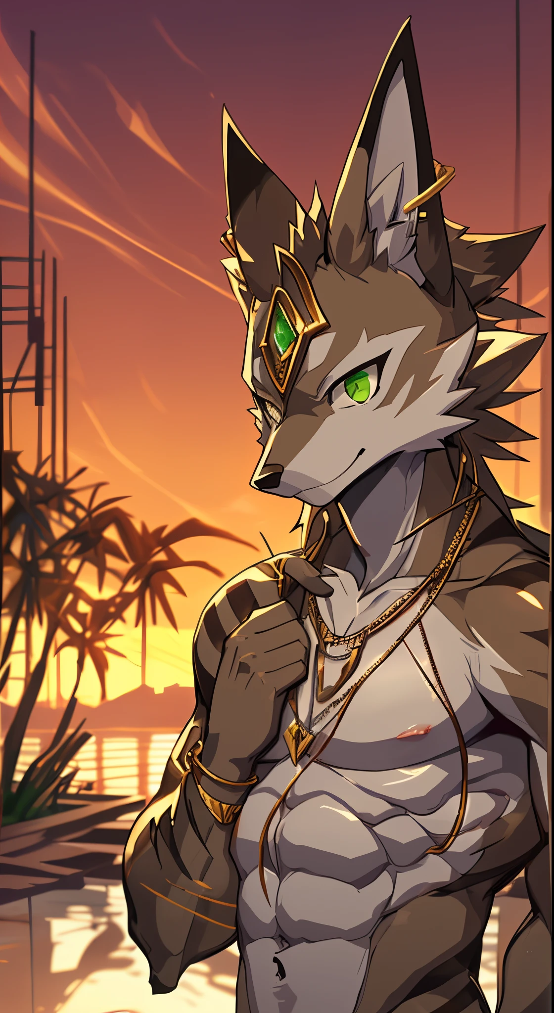 Seto (Tokyo After-School Summoners), Seto(Wandering Longing), Seth (it), Seto, Kazuma Koda, coyote, gold necklace, Gold jewelry, Ear piercing, wear a loincloth, Green Eye, Grey Body, white body, Brown Body, stripes, Striped body, High Quality, 8K, High image quality, NSFW Works, pixiv, Business card, shadowy, A composition where the whole body is visible, The right ratio, skiny, Sexy, Muscular, Sexy muscles, sunset, touch the gold necklace