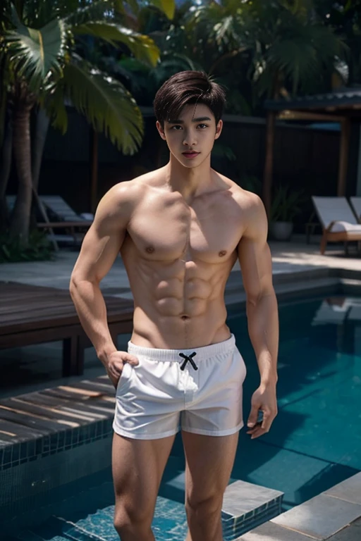 Boy Arafade in hip white boxer shorts, full-body-shot, Quiv haircut, look at camera, face detail, manly, charming, masculine, , Pool Background, sexy pose, Manaiz , perfect anatomy, Symmetrical body, 19-year-old Asian boy, Shirtless :: high-detail, asian, sexualized, Interesting Little Body Six Pack, Realistic, Human skin, Short hairstyles, Handsome chin, Shirtless, handsome, attractive, Sexy Boys, pubic hair, masculine, Sexual appeal, Human skin, (eye contact), No gay, handsome, attractive, Short hips, bulge, big and hard.