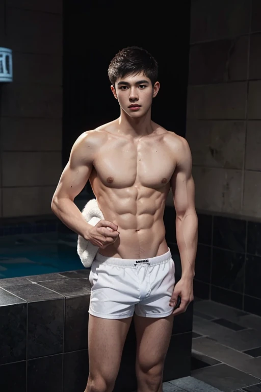 Boy Arafade in hip white boxer shorts, full-body-shot, Quiv haircut, look at camera, face detail, manly, charming, masculine, , Pool Background, sexy pose, Manaiz , perfect anatomy, Symmetrical body, 19-year-old Asian boy, Shirtless :: high-detail, asian, sexualized, Interesting Little Body Six Pack, Realistic, Human skin, Short hairstyles, Handsome chin, Shirtless, handsome, attractive, Sexy Boys, pubic hair, masculine, Sexual appeal, Human skin, (eye contact), No gay, handsome, attractive, Short hips, bulge, big and hard.