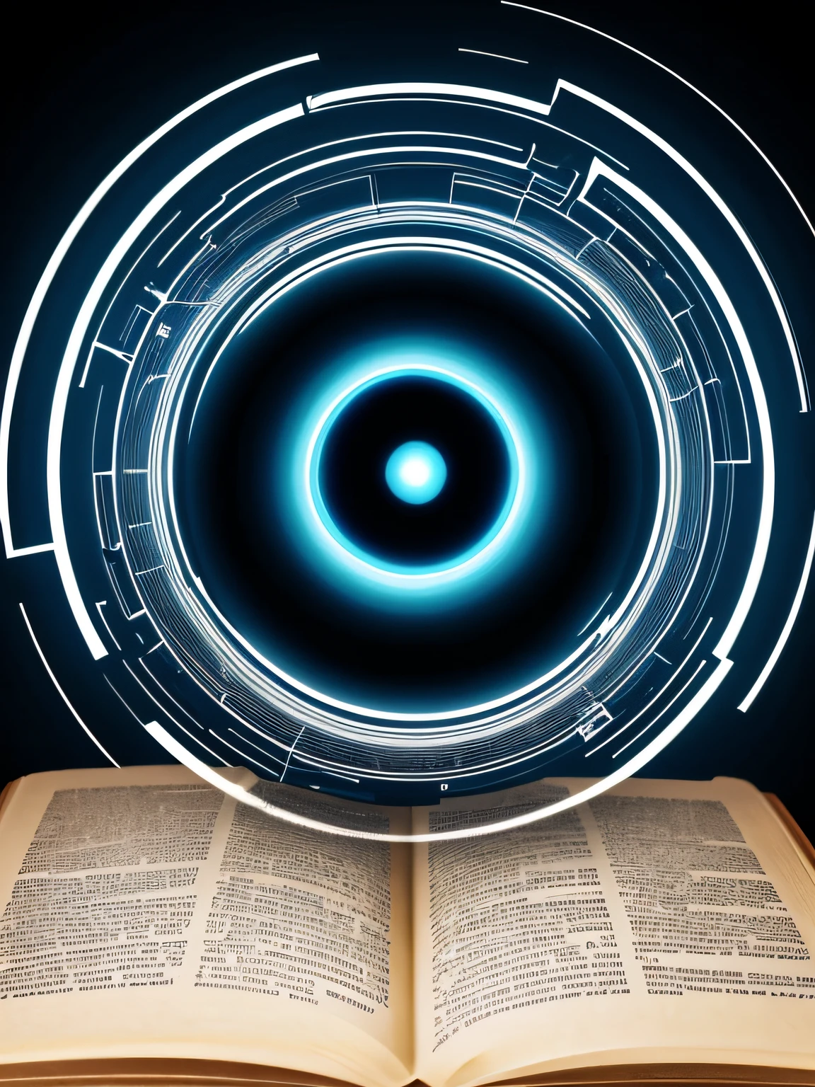 Ein riesiges digitales Auge mit Code im Hintergrund, that hovers over an open book. Dystopian atmosphere