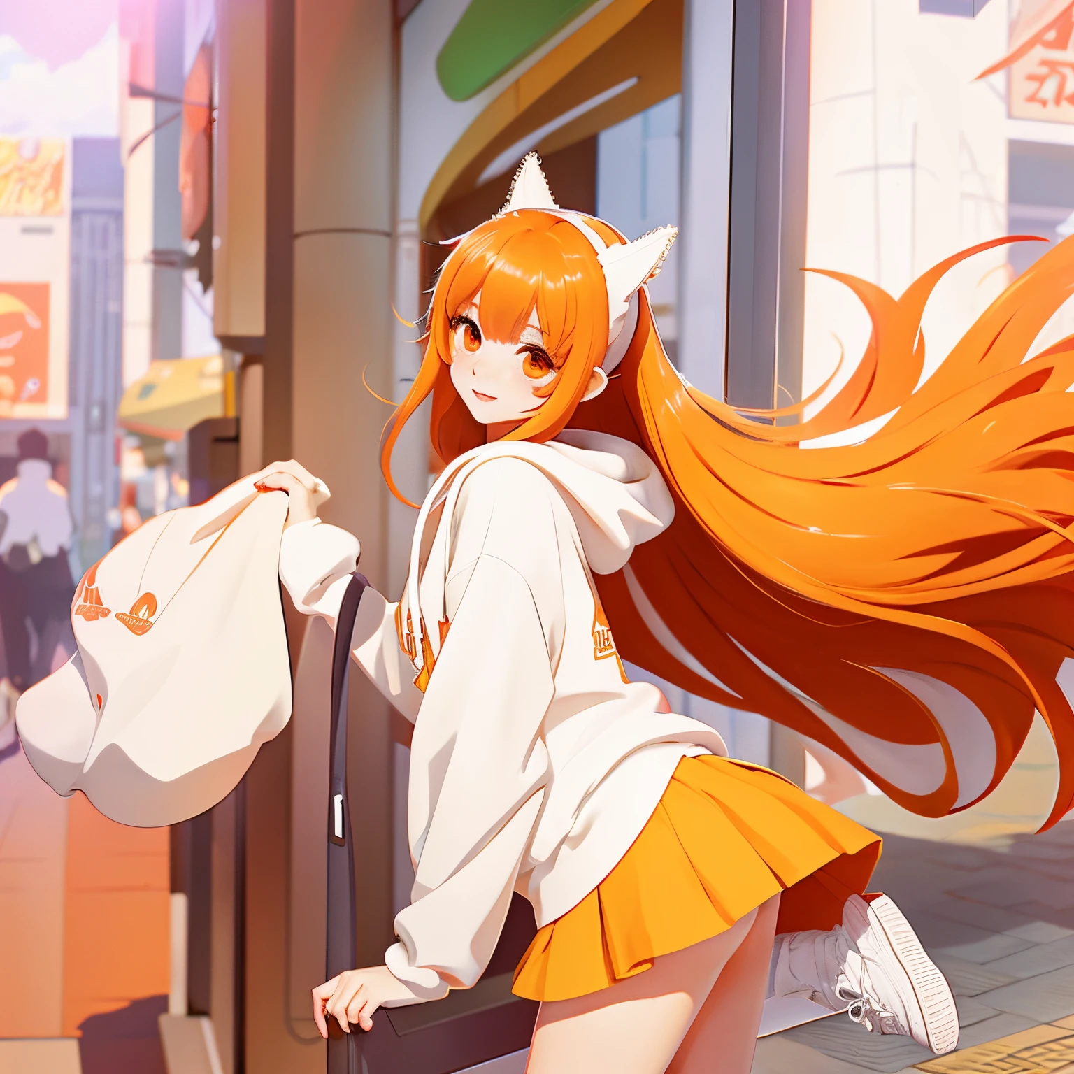 18 year old girl、White hoodie、skirt by the、Orange hair、long、It grows on the tip of an orange squirrel&#39;s ear.、Warm fuzzy、anime style illustration