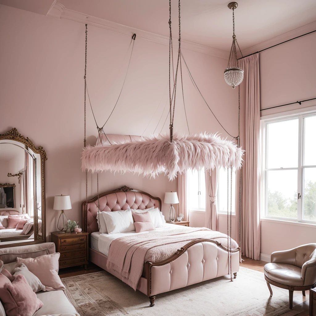 Large dusty pink bed with fur and leather pillows in a room with mirror on the wall and mirror on the ceiling, white leather swing hanging from the ceiling, feather and horse equipment