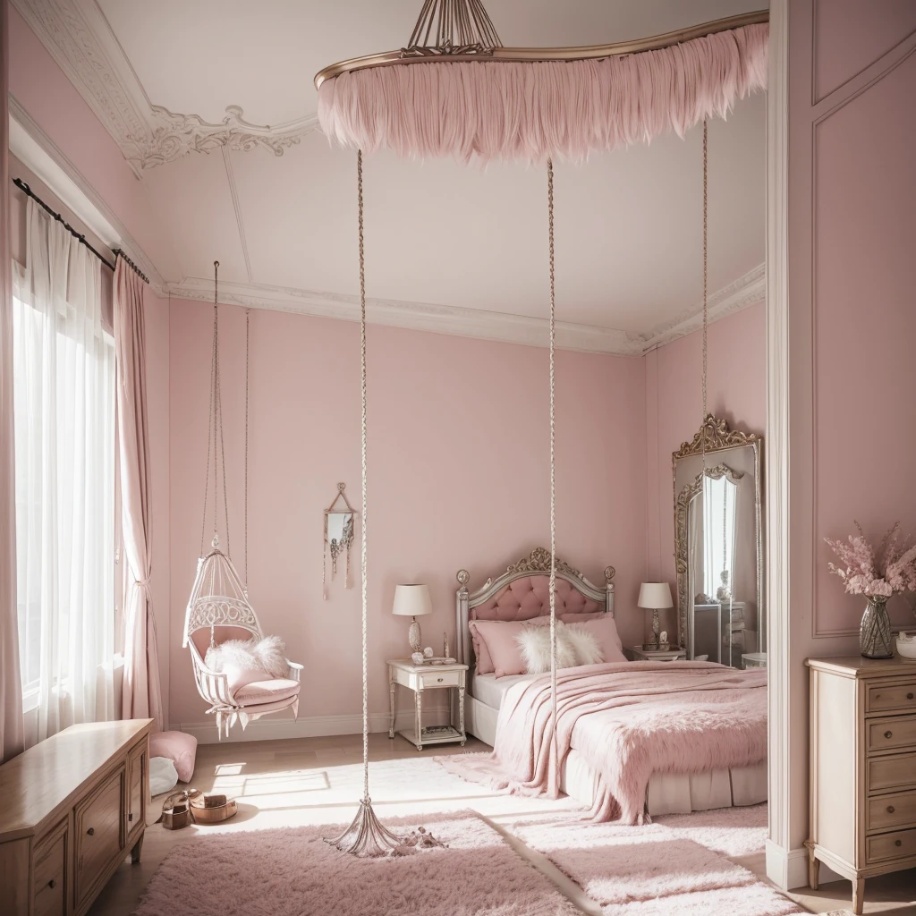 Large dusty pink bed with fur and leather pillows in a room with mirror on the wall and mirror on the ceiling, white leather swing hanging from the ceiling, feather and horse equipment