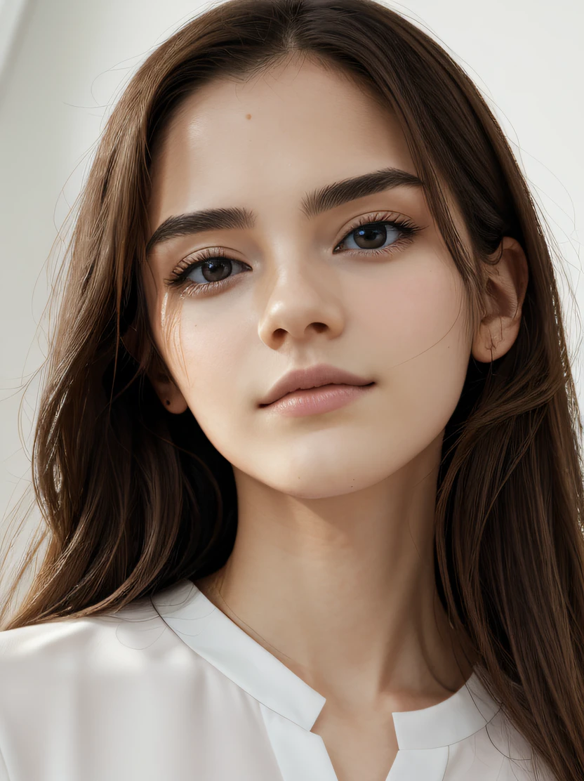 ((masterpiece、top-quality、realisitic、ultra-detailliert、hight resolution、Photorealsitic、foco nítido、lighting like a movie))、sony premium camera、8K、Photographing a beautiful girl from the front、Plain background、With an oval face and symmetrical facial structure、Big eyes、Khazar eye color、almond shape eyes、Straight and balanced nose、soft wavy brown hair、heart-shaped lip、Perfect eyebrows、Perfect ears、Soft skin、pale white skin、raise your chin slightly、Mouth closed、deadpan 、Bright light、High color saturation、High contrast、Itou
