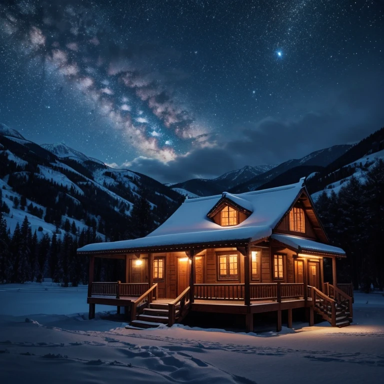 nigh sky，The dazzling Milky Way  like a dream。huge bright moon，Illuminates the entire valley，There are lights in the valley，The valley  covered with thick snow，cedar，a lonely wooden house。