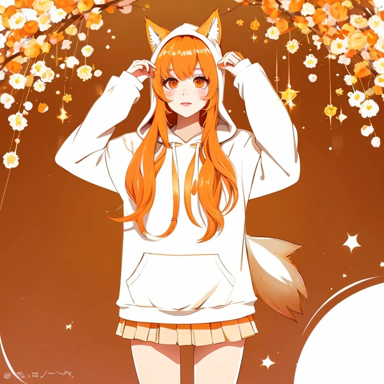 18 year old girl、White hoodie、skirt by the、Orange hair、long、orange squirrel ears、Warm fuzzy、anime style illustration、Standing