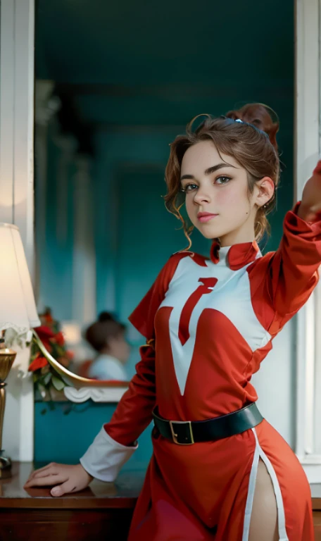 Photo of a 15-year-old European girl, .RAW, beautiful woman, (Light brown hair with ponytail hairstyle ), peinado de cola de caballo ((retrato)), ((Cara detallada:1.2)), ((Detailed facial features)), (Piel finamente detallada), con pecas en mejillas y pecho , fondo variado  , Christmas Dress , vestido de Santa Claus 、senos medianos, pechos grandes , gran sonrisa (cool color), humid, humid, Reflectoreasutepiece) (proporciones perfectaotos realistas)(La mejor calidad) (Detallado) fotografiado con una EOS R5 de Canon, Lente de 50 mm, f/2.8, NffSW, (8k) (papel tapiz) (cinematic lighting) (Dramatic lighting) (foco nítido) (Enrevesado)  ,cuerpo completo, hermoso cuerpo de mujer , Posing and waving to the camera