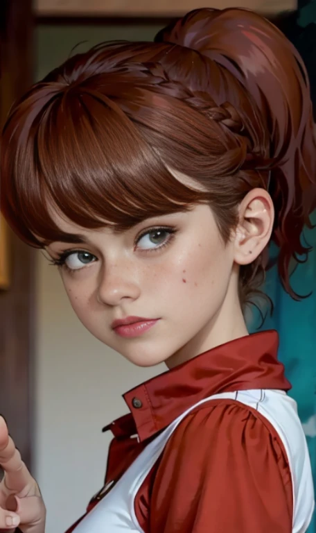 Photo of a 15-year-old European girl, .RAW, beautiful woman, (Light brown hair with ponytail hairstyle ), peinado de cola de caballo ((retrato)), ((Cara detallada:1.2)), ((Detailed facial features)), (Piel finamente detallada), con pecas en mejillas y pecho , fondo variado , Christmas Dress , vestido de Santa Claus 、senos medianos, pechos grandes , gran sonrisa (cool color), humid, humid, Reflectoreasutepiece) (proporciones perfectaotos realistas)(La mejor calidad) (Detallado) fotografiado con una EOS R5 de Canon, Lente de 50 mm, f/2.8, NffSW, (8k) (papel tapiz) (cinematic lighting) (Dramatic lighting) (foco nítido) (Enrevesado) ,cuerpo completo, hermoso cuerpo de mujer , Posing and waving to the camera