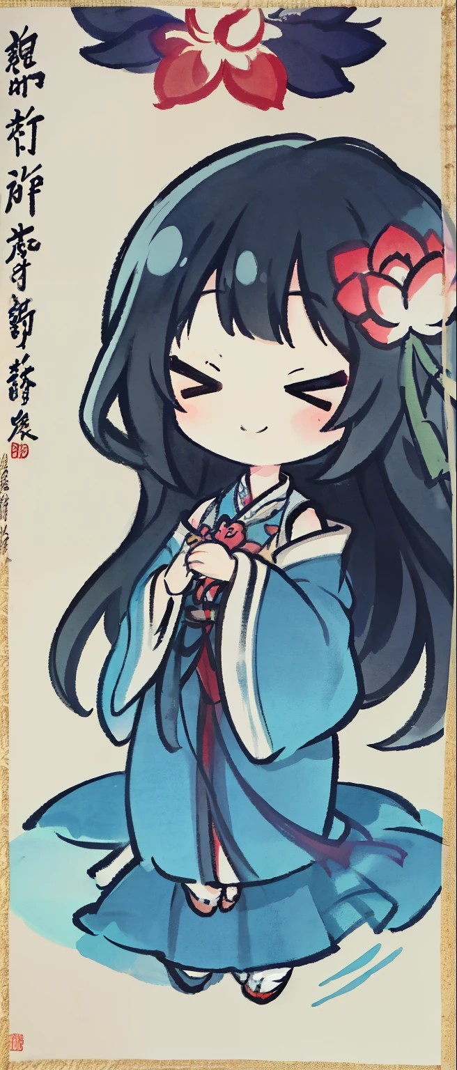 ((4K、masterpiece、quality))、shuimobysim、(Tradition Chinese Ink Painting)、(chinese paintings)、question、High ball、lotus flower、Hanfu、long  skirt、A girl dressed simply、report、blue long hair、A smile、 Feet in the water、Bareleged、scroll、comedy、Mono Color