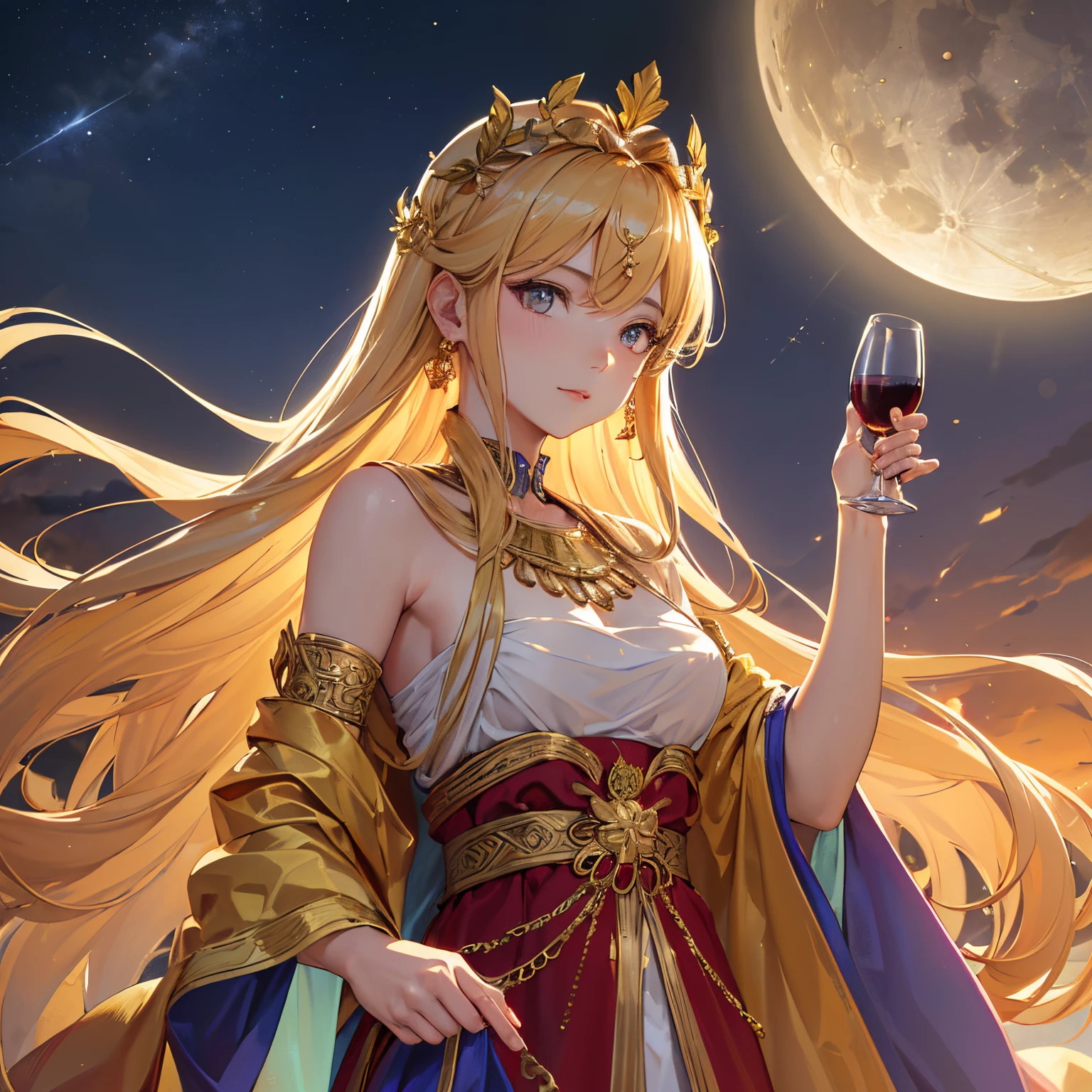 (best quality,4k,8k,highres,masterpiece:1.2),ultra-detailed,(realistic,photorealistic,photo-realistic:1.37),ancient Greek costume, gold laurel crown, glass of red wine, gazing at the moon, translucent golden short and straight hair, citrine-like golden eyes, lean and sun-kissed neutral attractive male figure, night palace background.