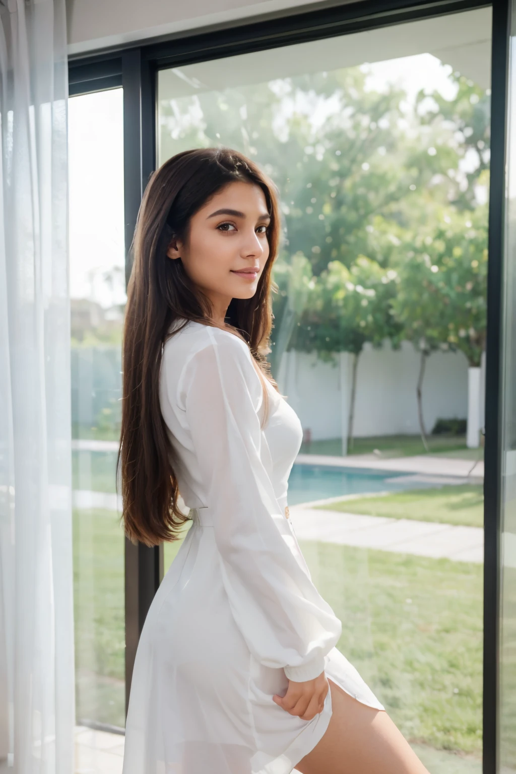 Beautiful ,23 years young girl healthy,confident looking,8k,realistic,dark brown hair,fair skin, indian,long hair,clear facial features, wearing ((Best Quality, 8K, Masterpiece: 1.3)), Body Beauty: 1.4, fullness: 1.6, Highly detailed face and skin texture, Delicate eyes, Double eyelids, Chubby face, thin lips, smile, fair skin, square neck urbanic dress white dress pose Long-Sleeve Patchwork Bodycon Standing posture, arafianic dressed in white dress standing in front of a sliding glass door, in white clothes, wearing white dress, wearing a cute white dress, white silky outfit, profile pic, shot at golden hour, photoshoot,r background
