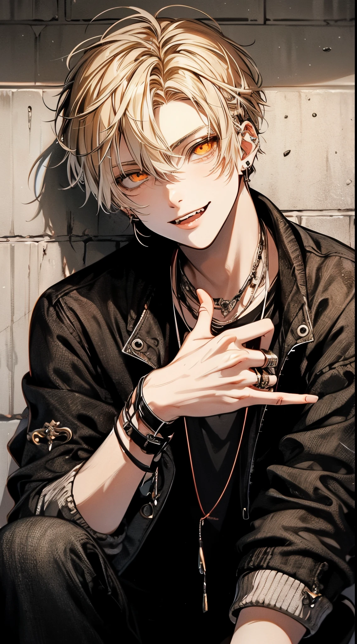 Beautiful young man, Blonde, Short hair, Orange Eyes, Long Cut Eye, Evil smile, Short ponytail, rock style costumes,🤙, posed, crouched, concrete wall on background,High quality, amount of drawing, Pixiv illustration