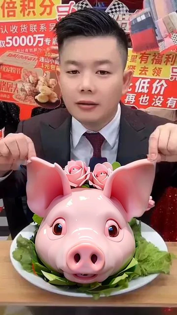 Let the pig&#39;s head show its white teeth，and smile and show teeth。