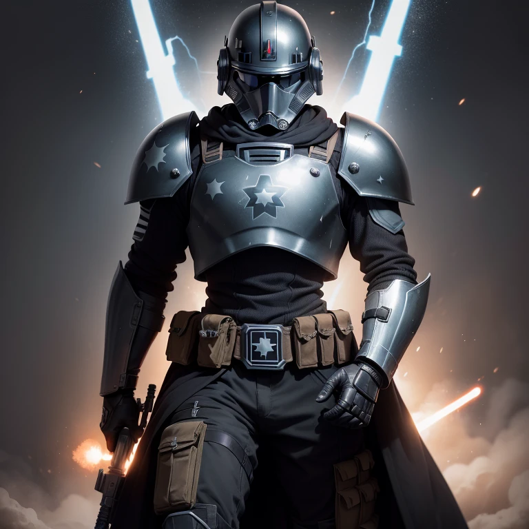 Full body portrait, von Klonsoldat (Krieg der Sterne, Republik, Republik-Commando, Spezialeinheit, heavy matte black armor, leuchtender Visor), von Gewehr (Star Wars, E17 Blaster), Feuergefecht, Meisterwerk ((hight resolution)), (hyperrealistisch), (extrem detailliert), armour (Krieg der Sterne, Katarn), Kampf, Hintergrund (Explosion, Rauch)