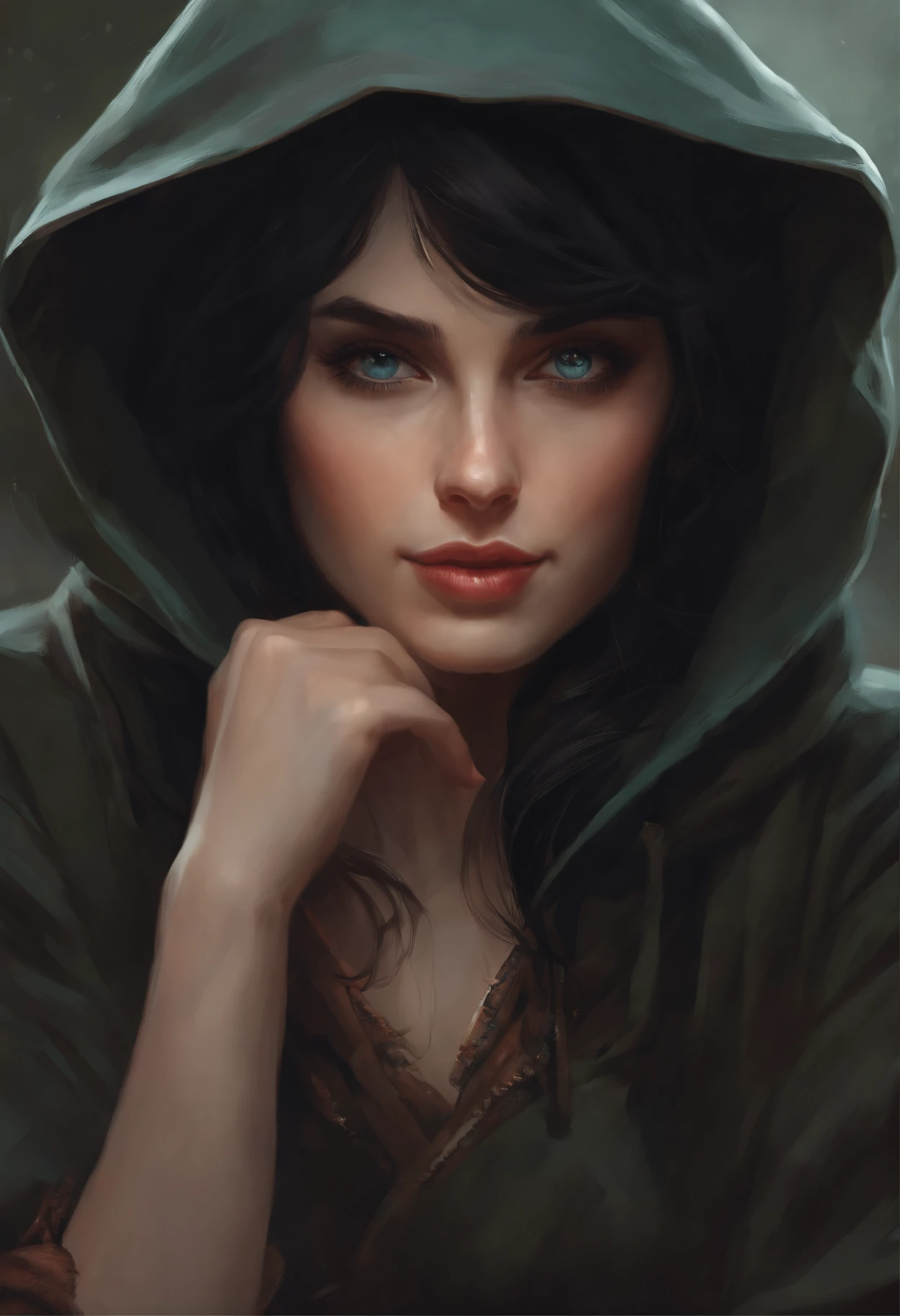 realistic art style, in the art style of bowater, 8K Artgerm Bokeh, Christmas morning, a painting, Fantastic tale, Christmas style, John Tolkien style, Small painting by Jean-Baptiste Monge , Picture of a rocker girl with a hood on her head,Straight black hair sticks out from the hood, sitting in front of the Christmas tree, Portrait of a rocker girl with black straight hair , Soft facial features, With light makeup, dark pink lips, lip shape"pearlescent" ,"curved eyebrows in the shape of Engriberts, Cyan eyes, heavy-lidded eye shape, Rocker Girl, sitting in a chair kicking your leg, Wears black leggings, Wear a hoodie with cloth horns and ears, Human Hand, Very clear without flaws with five fingers, mischievous character, fireplace, Christmas tree, Gifts, ,artwork in the style of guweiz, detailed character portrait, extremely detailed artgerm, artgerm and atey ghailan, charlie bowater art style, Jean-Baptiste Monge, anthropomorphic --ar 2:3 --testp -optimistic; straight hair