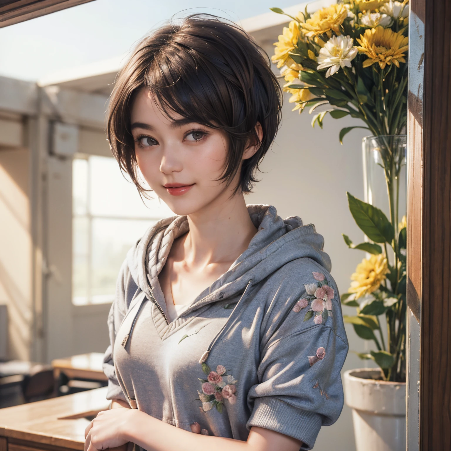 132
(a 20 yo woman,Wearing sportswear), (A hyper-realistic), (high-level image quality), ((beautiful hairstyle 46)), ((short-hair:1.46)), (Gentle smile), (breasted:1.46), (lipsticks), (Large room), (florals), (wearing hoodies)