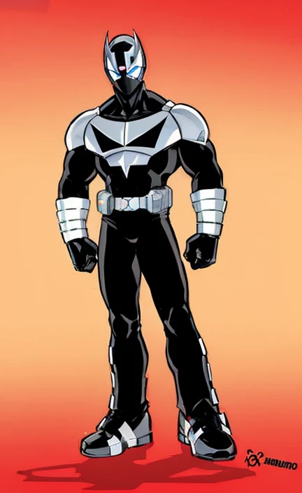 um desenho animado de um homem de terno preto e branco, Roupa X-Force de corpo inteiro, cel limpo sombreado, cel sombreado, novo conceito de figurino, armadura brilhante preta, cel sombreado!!!, vestido com armadura corporal preta, the secret seventh power ranger, dark supervillain, Design de personagens de quadrinhos dos anos 90, personagem de quadrinhos, superhero from the boys tv show