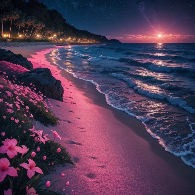 nigh sky，The dazzling Milky Way  like a dream。huge bright moon，Illuminates the entire valley，There are lights in the valley，The valley  covered with thick snow，cedar，a lonely wooden house。