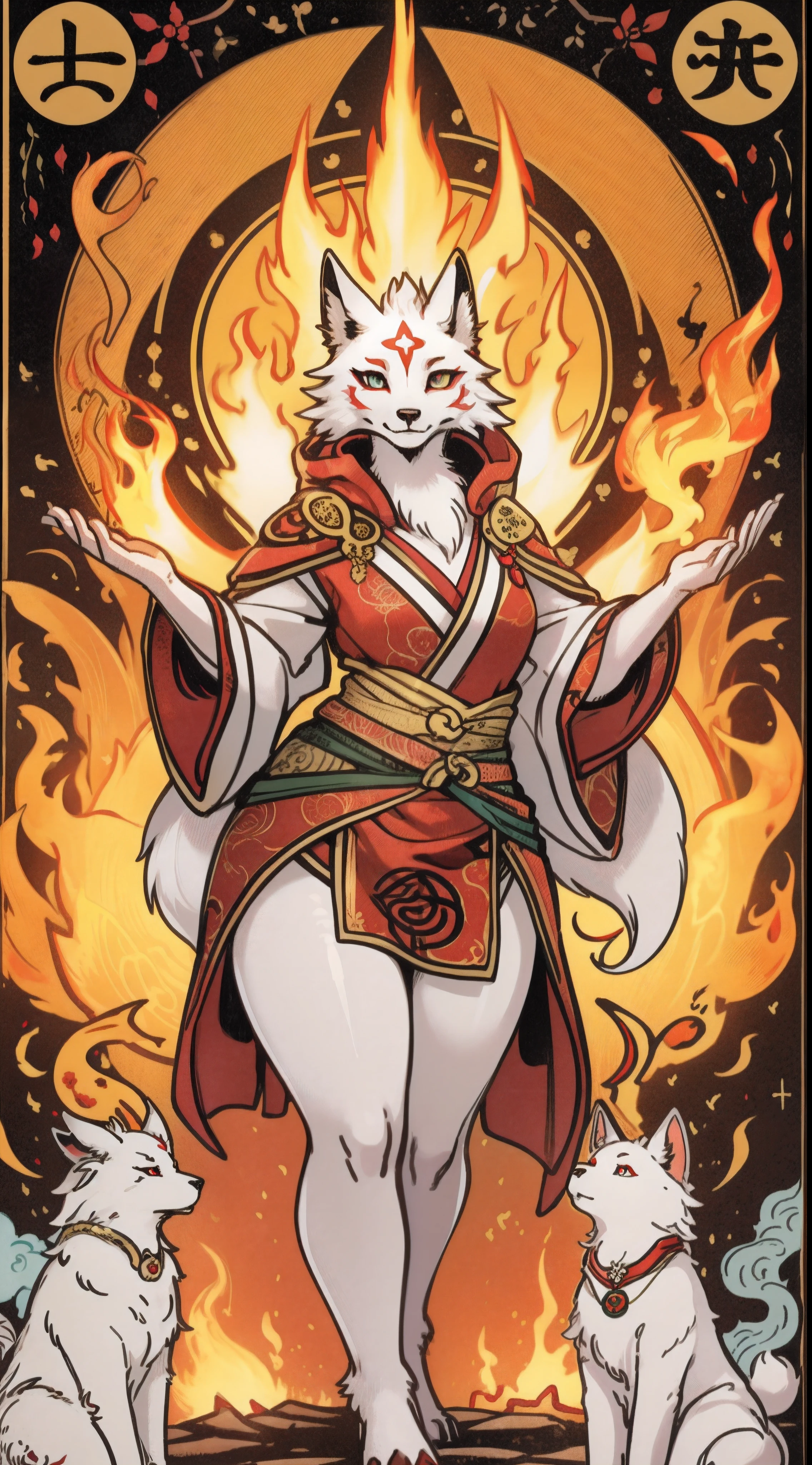 tarot card, majestis female furry, (okami amaterasu), (big breastig thighs), (curved body), (curved thighs), (white fur),detailed fur, detailed eyes, magic, fire emitting from body, standing with magical symbols, an anthro, anthromorbic, zodiac, leo zodiac background, mistic, opened eyes