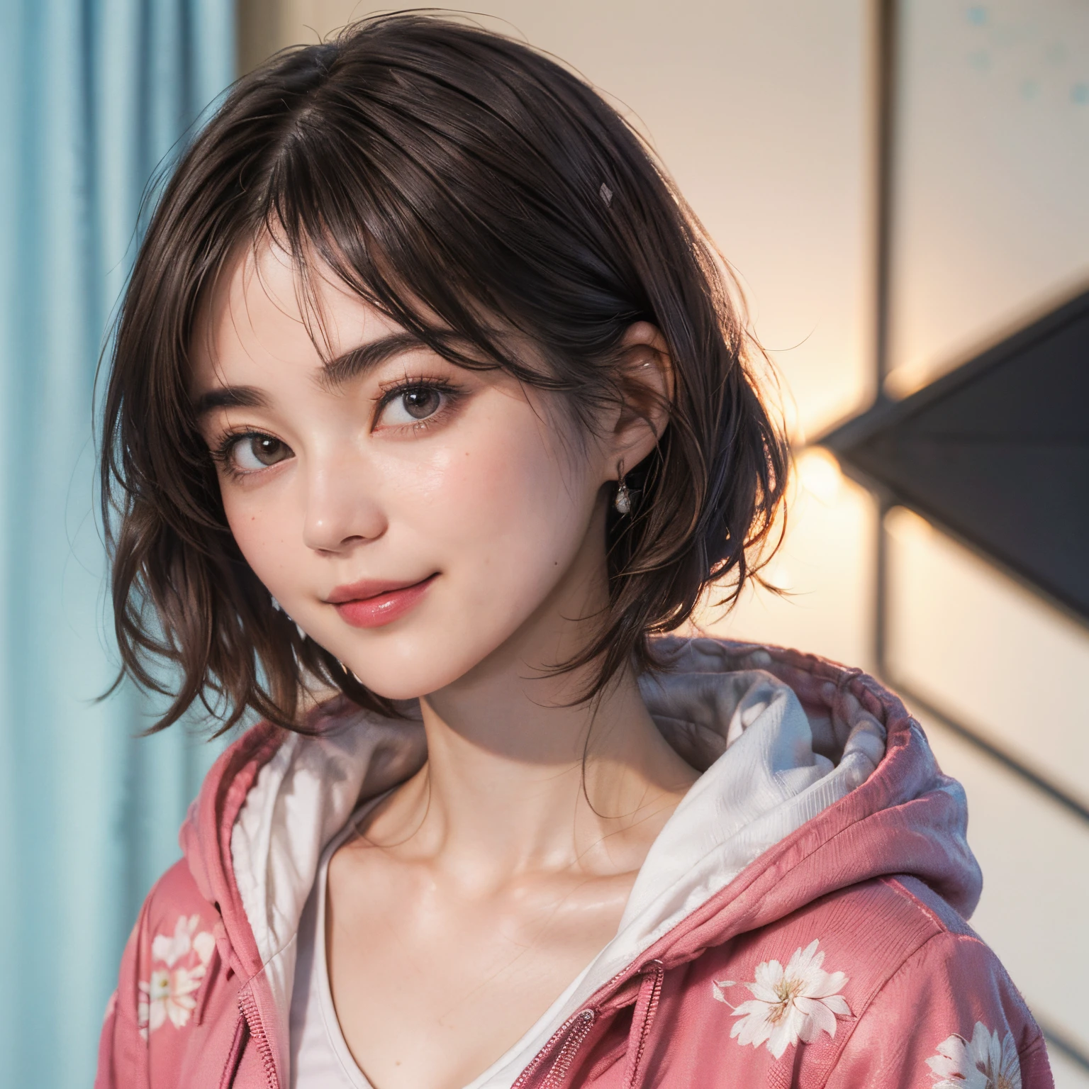 132
(a 20 yo woman,Wearing sportswear), (A hyper-realistic), (high-level image quality), ((beautiful hairstyle 46)), ((short-hair:1.46)), (Gentle smile), (breasted:1.46), (lipsticks), (Large room), (florals), (wearing hoodies)