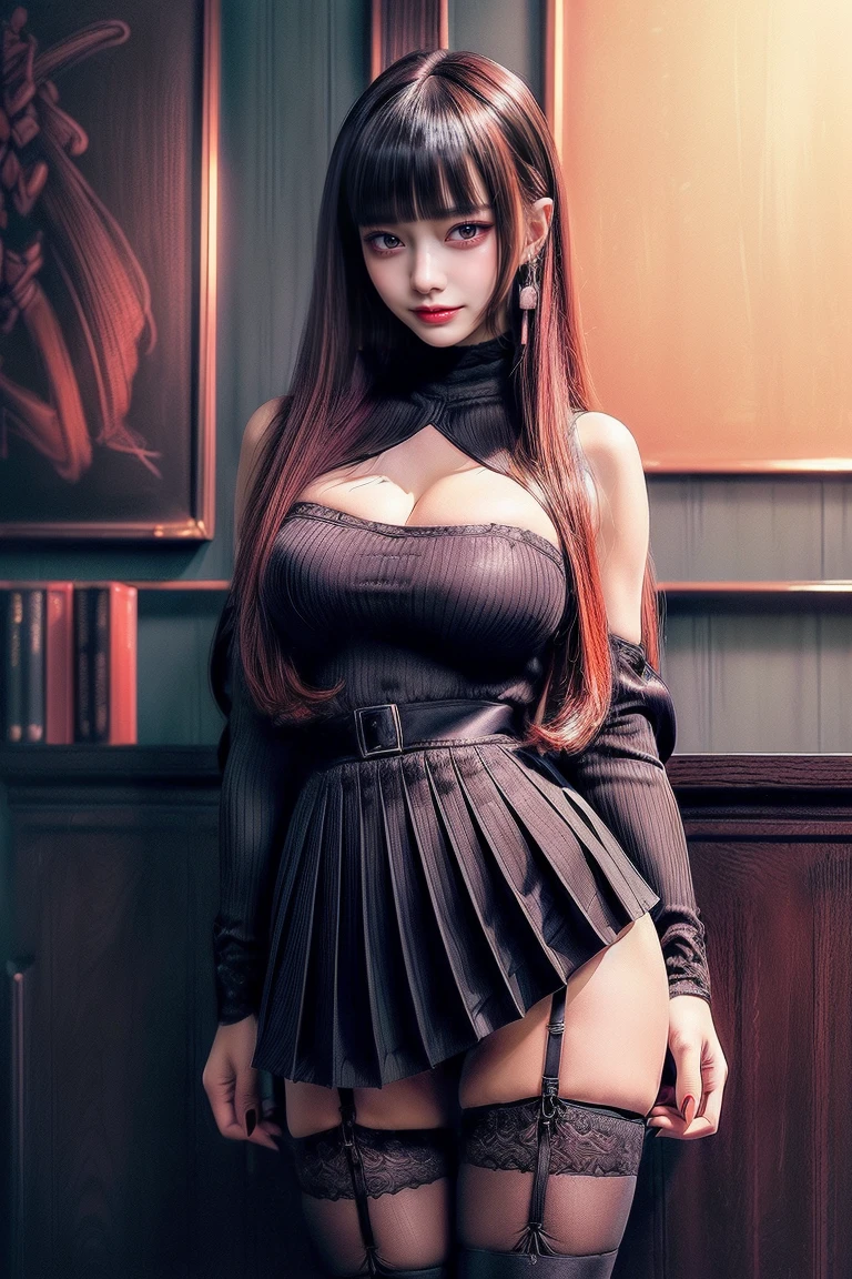 (((Blunt bangs, princess bangs))), (((Very heavy,very voluminous bangs:1.1))),(((Very long, Very heavy,Very voluminous side locks:1.1))),, hime-cut, Hairstyle with straight bangs, Round face with dull bangs, dull with long hair、Bangs are cut straight, (((Full body, Thighs Thighs Thighs, Best Quality, High quality:1.4), Professional artwork, Intricate details, field of views, Sharp Focus, detailed paintings, masutepiece, Cinematic lighting, trending on pixiv, (Vibrant lighting, Vibrant colors, by by Nagasawa Rosetsu:1.05),
Hiroko Takashiro, (maturefemale, A MILF:1.1), Solo, (Curve:1.1), standing near chalkboard, holding chalk, crass room, (Full body shot:1.1),
(Red hair:1.05), Long hair, lip stick, makeup, Ultra Detail Hair, ultra detail face, (Purple eyes:1.05), Perfect eyes, Perfect face, earrings, (Confused, blush:1.2),
Shirt, Jacket, (black thighhighs, Garter Belt:1.1), zettai ryouiki, pencil skirts, School uniform, high-heels,
(Large breasts:1.1), cleavage, Big ass, thighs thighs thighs thighs,